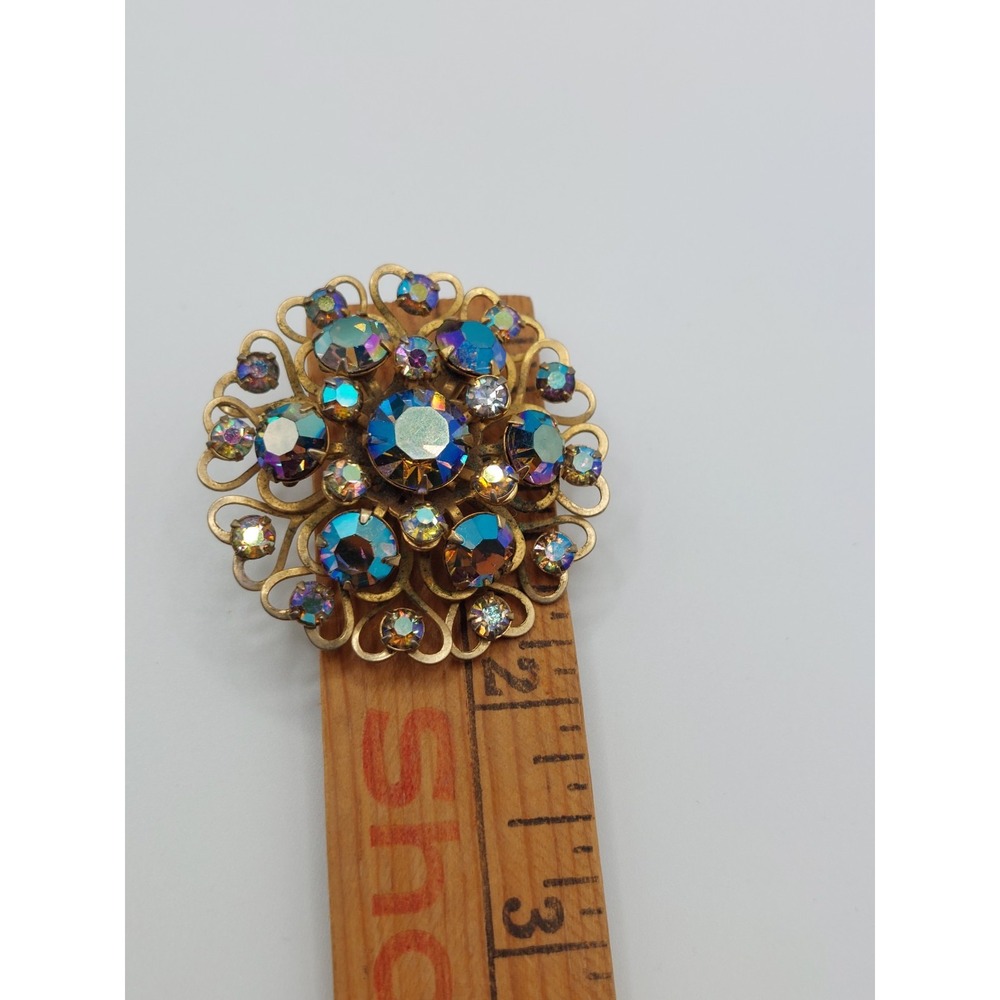 Aurora Borealis Rhinestone Brooch Gold Filigree Flower Grandmillennial Vintage - Picture 12 of 12